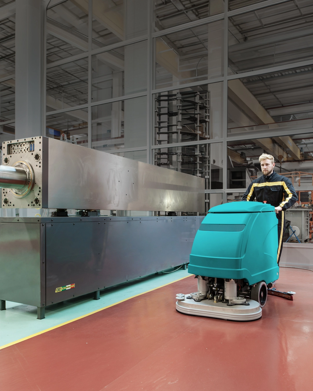 Floor scrubber cleaning hospitality venue and beverage storage area