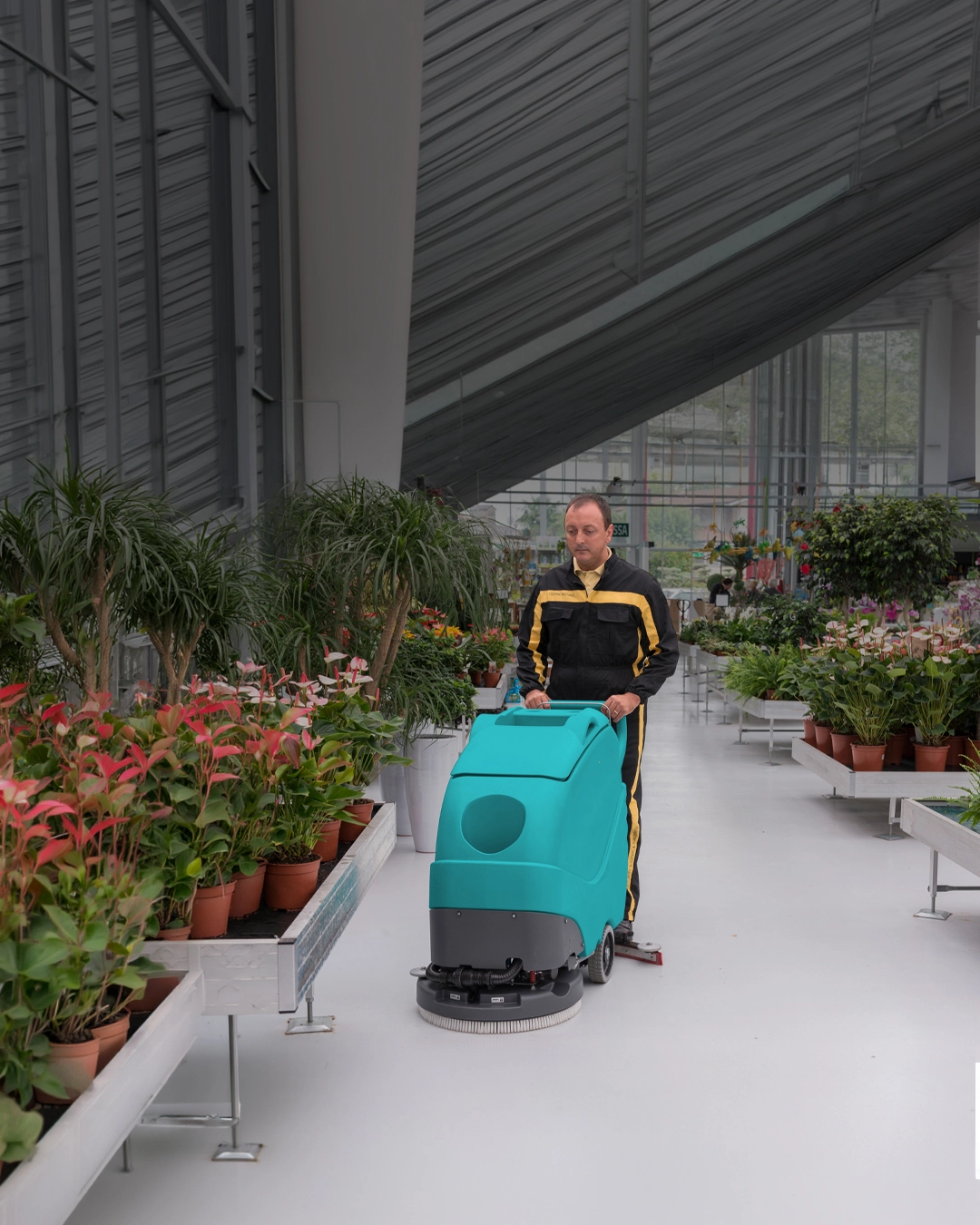 Floor scrubber cleaning retail and public access area